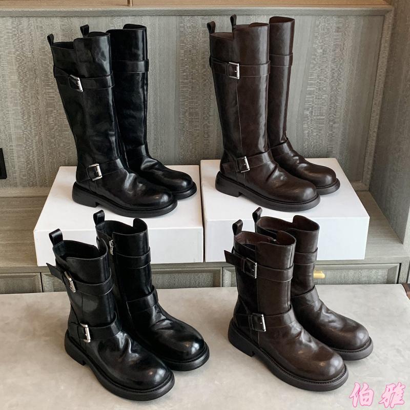 欧美复古风女士皱皱做旧短靴真皮双扣平底中筒骑士机车靴黑色