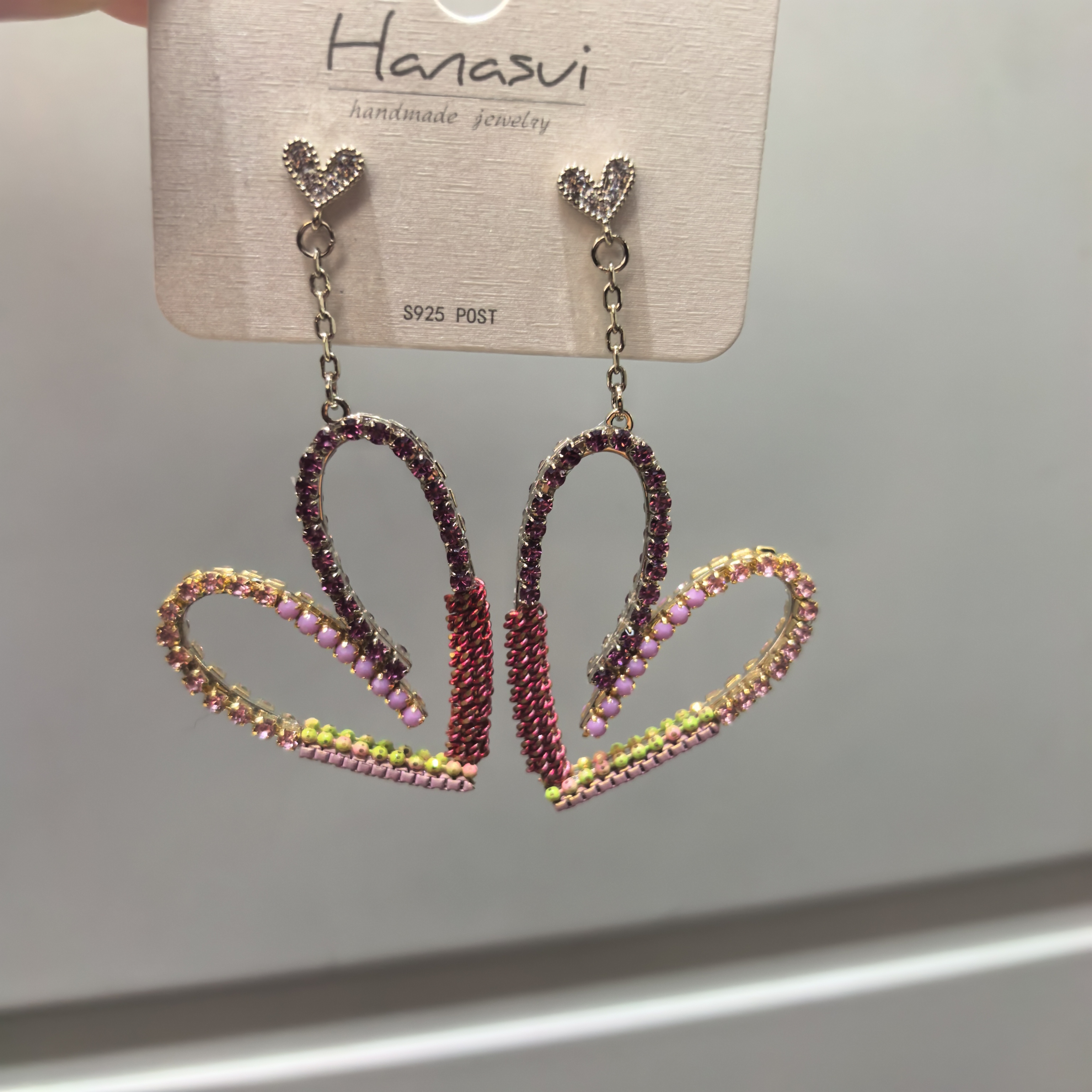 E988粉紫色爱心闪闪流苏款耳钉耳饰