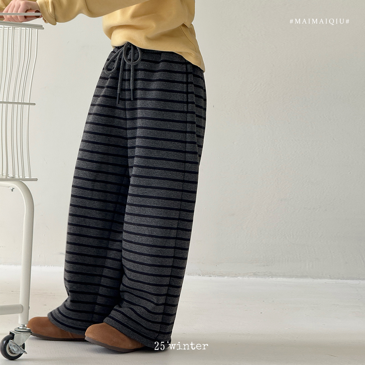 「麦麦秋」【遛弯裤】条纹女中大童冬季宽松洋气加绒条纹休闲裤GQ1870
