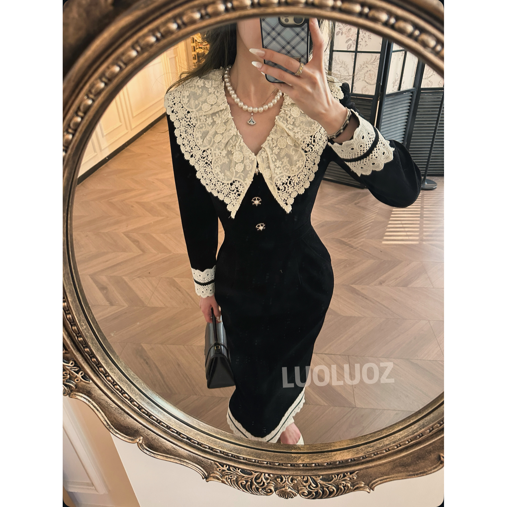 【现货】LUOLUOZ【雾絮裁衣】秋冬娃娃领蕾丝拼接收腰长款连衣裙CC309