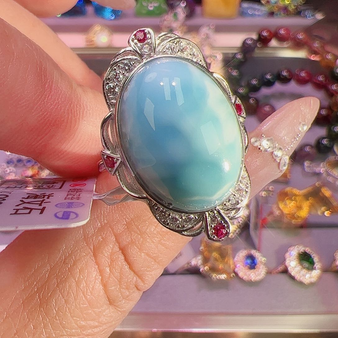 针钠钙石（海纹石）珠宝奇石银S925镶嵌戒指