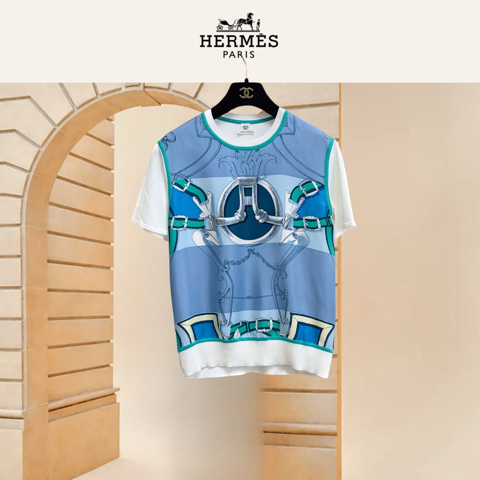 99新 Hermes/爱马仕 36码 白色拼蓝绿色 针织拼缎面 短袖 上衣