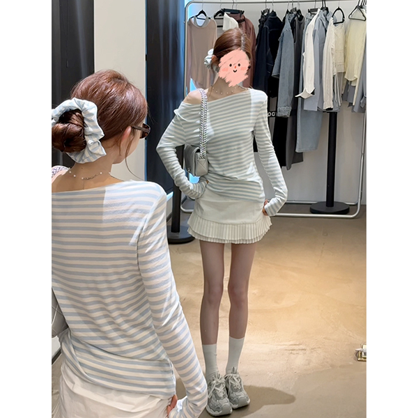 2025早春时尚新款一字领条纹长袖条纹T恤+百搭韩版半身裙宽松套装