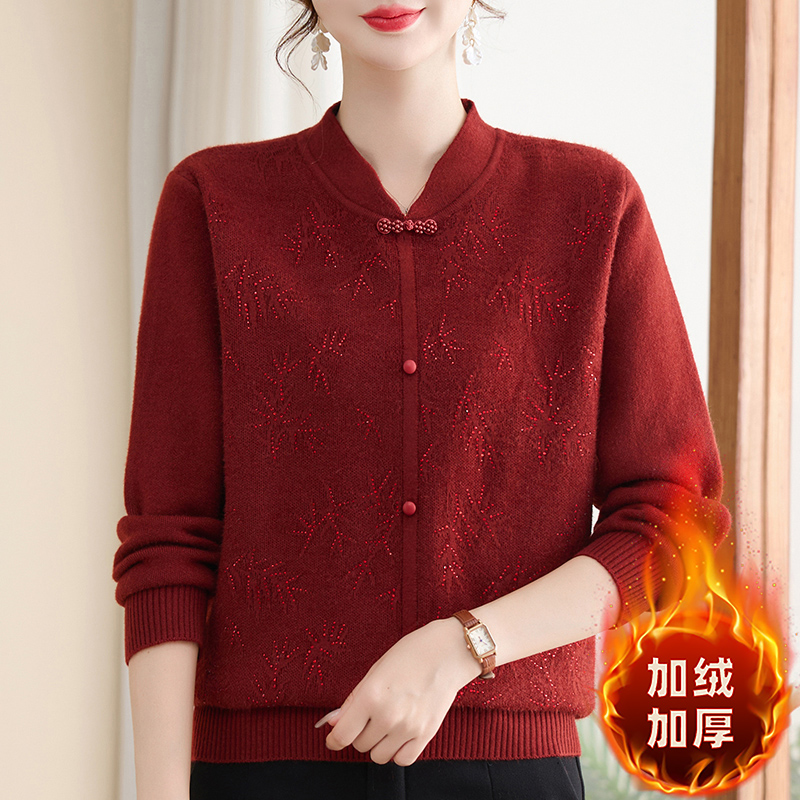 中国风常规中年妈妈加肥针织秋装烫钻刺绣中老年女装冬装