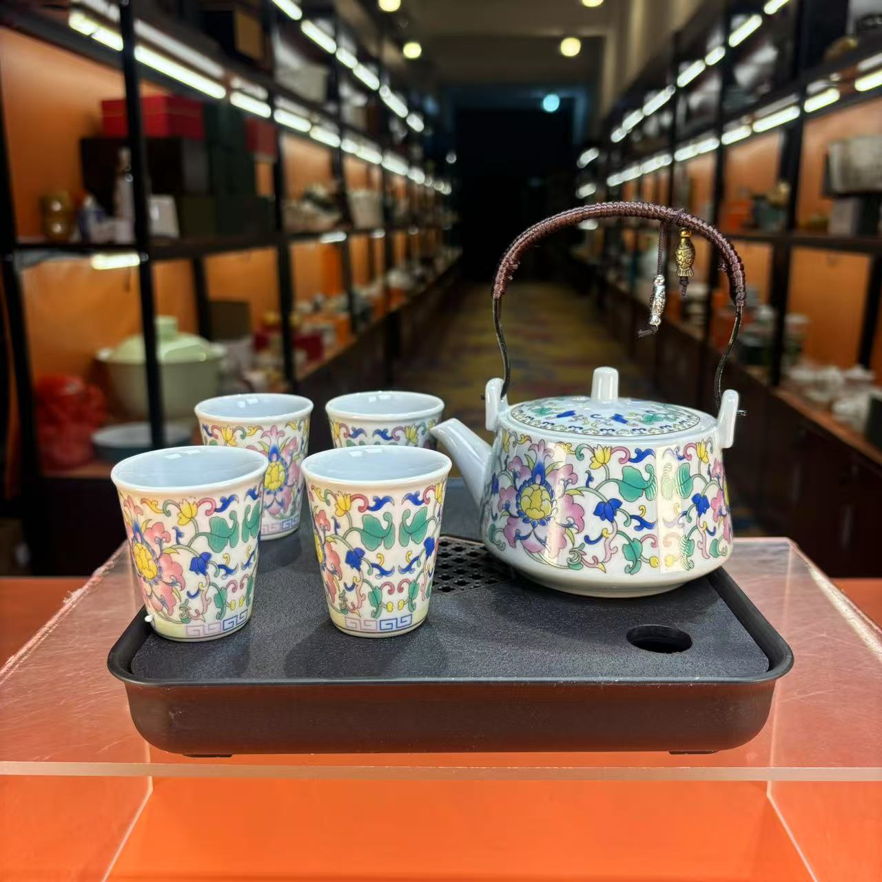 秋香茶具  珐琅彩万花提梁壶一壶四杯小套装功夫茶具-5156