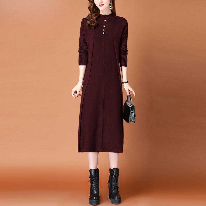 恒源祥集团彩羊秋冬女中长款2025新款洋气半高领内搭毛衣连衣裙子