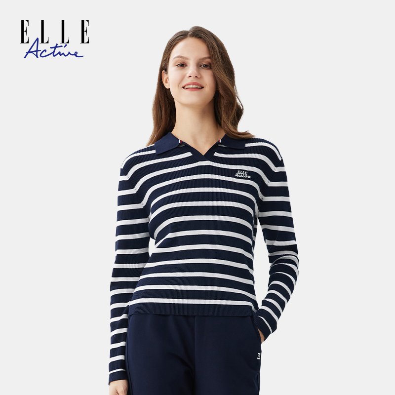 ELLE Active【V领条纹】修身polo针织衫休闲翻领上衣长袖秋款女装