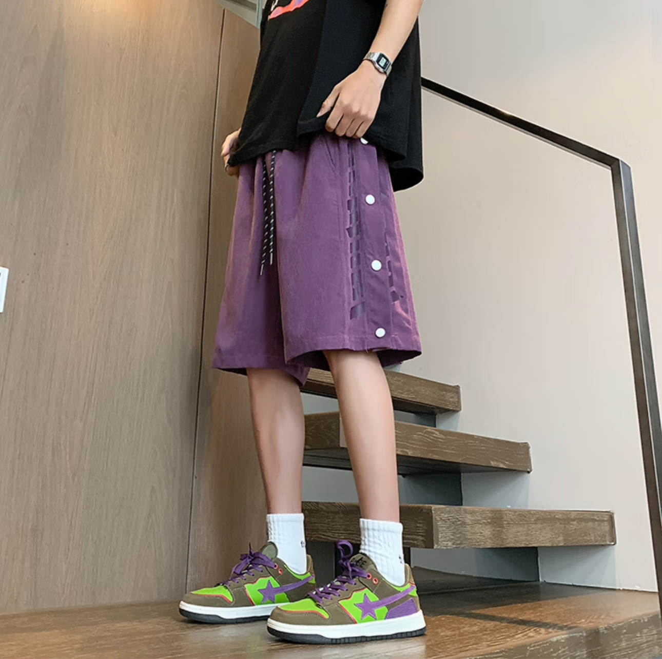紫色多巴胺排扣运动短裤男款夏季oversize美式潮牌休闲5五分裤子