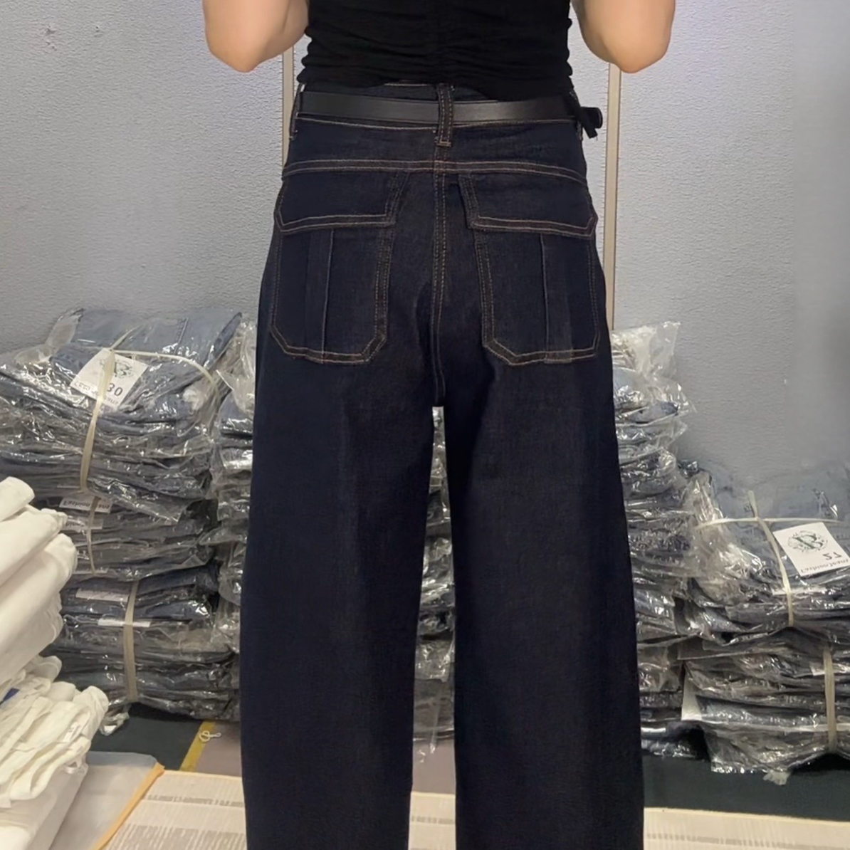 早秋季丹宁蓝弯刀裤高腰弹力显瘦垂感宽松阔腿牛仔裤女款百搭休闲