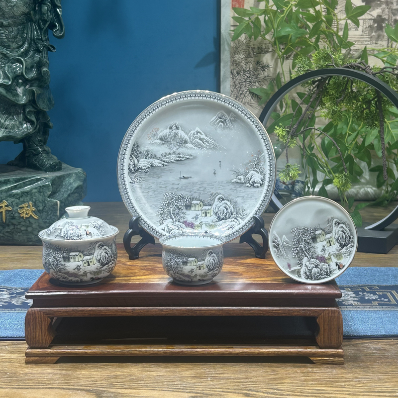 景德镇陶瓷粉彩瓷墨彩雪景茶具套组家用高端茶器功夫茶器送礼茶具