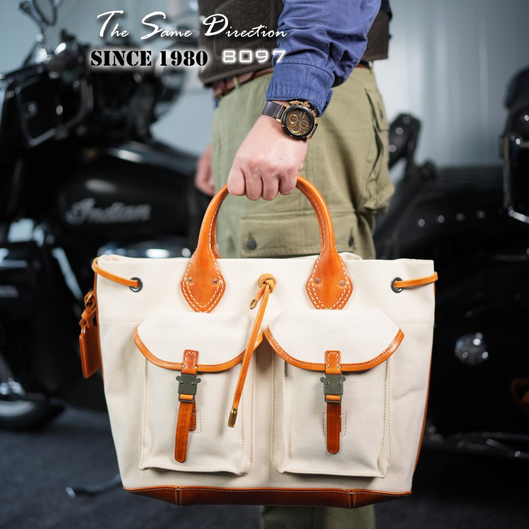 手工皮具复古帆布拼皮双口袋托特-8097方形