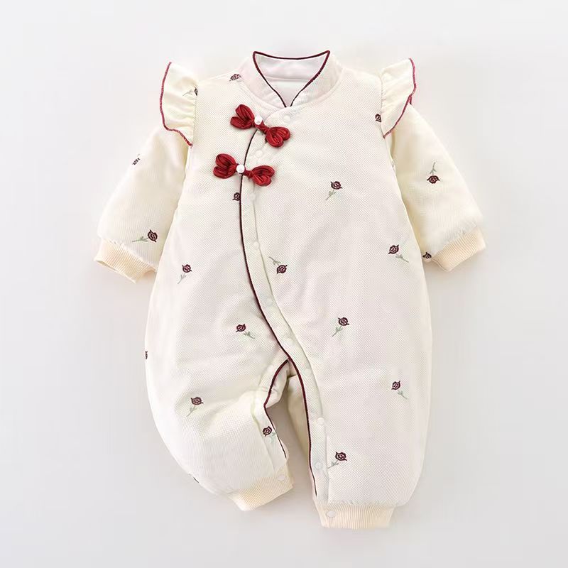 婴儿秋冬装立领偏襟薄棉婴儿连体衣加绒女宝宝哈衣新生儿外出服