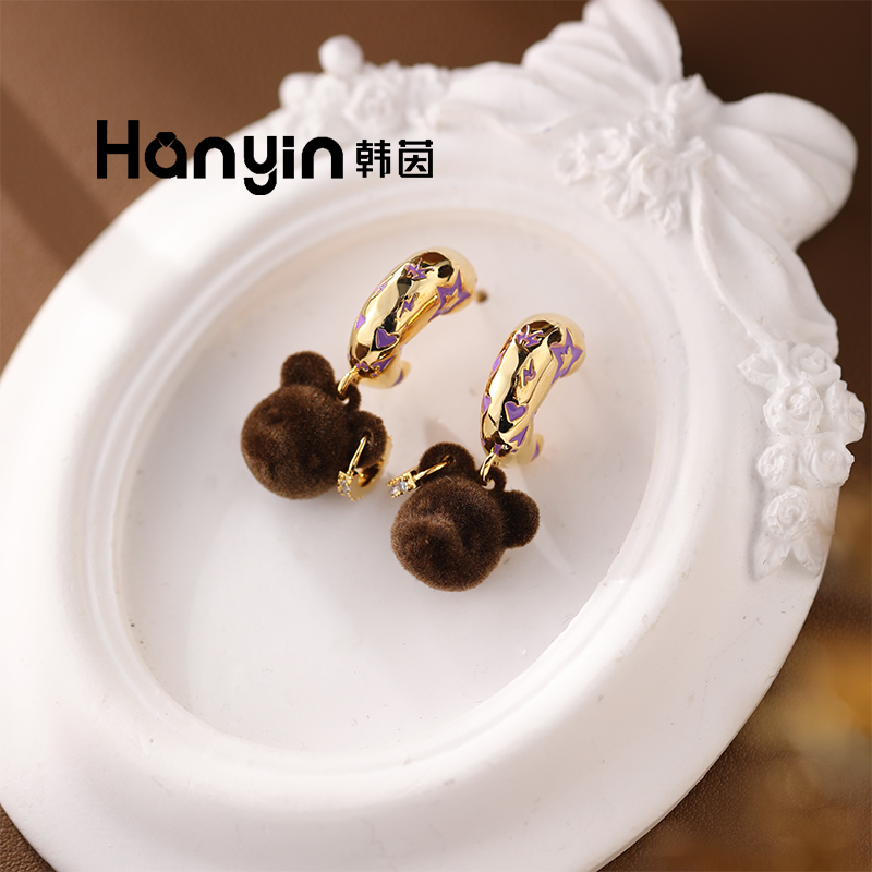 铜合金布艺耳饰 925银针气质光面红色绒布小熊C形耳钉AAA