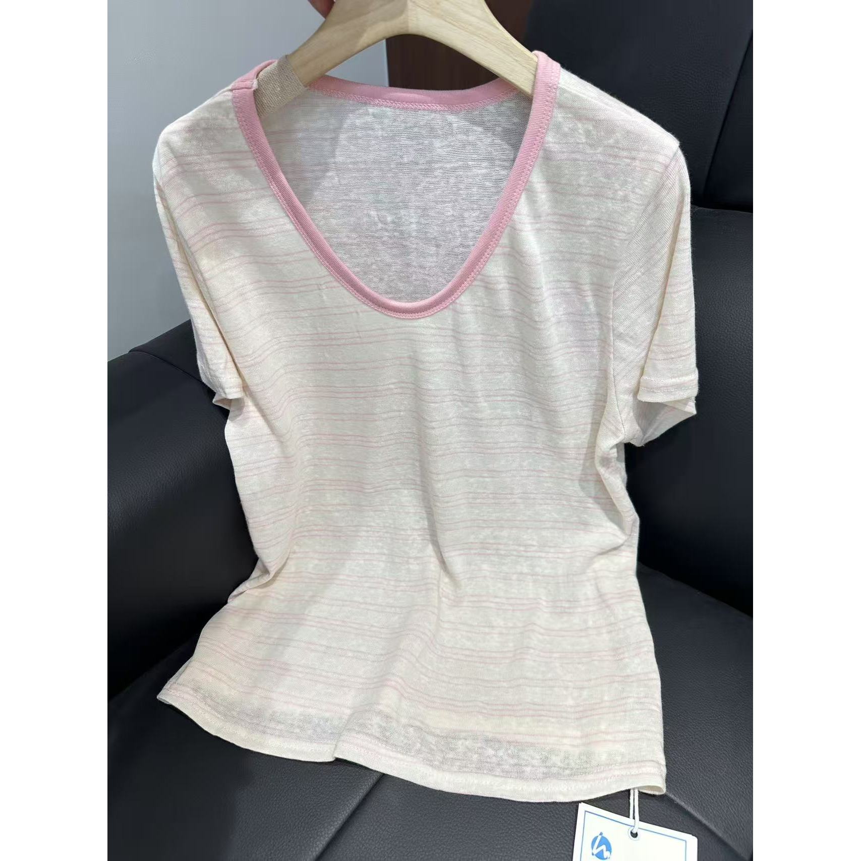 【坦姐严选 实体品质】夏季新款V领雪花棉条纹T恤6613