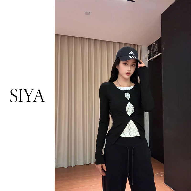 【SIYA】假两件设计带长袖T恤秋季韩系修身性感打底衫辣妹上衣气质