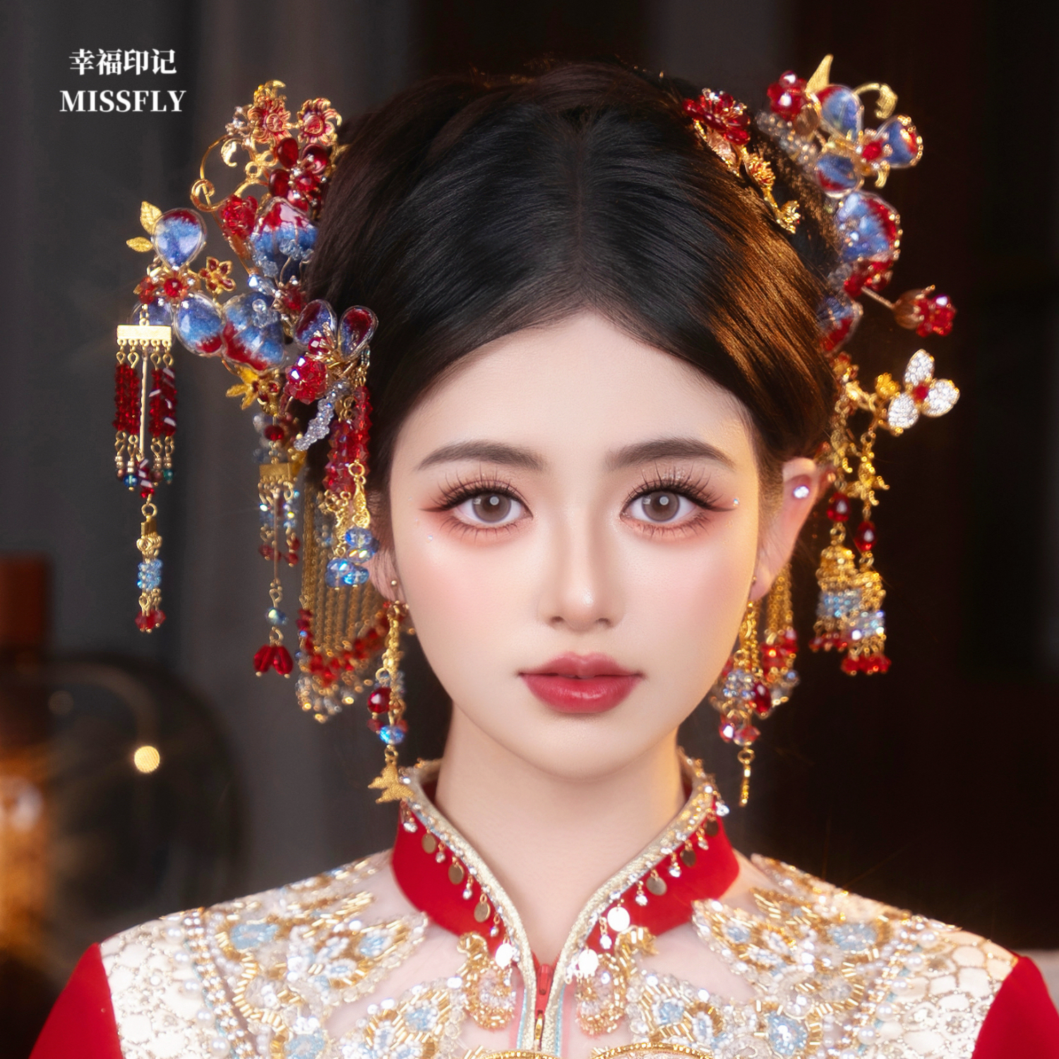 新娘秀禾头饰金红蓝紫色撞色减龄古风中式旗袍晨袍汉服发饰高级感