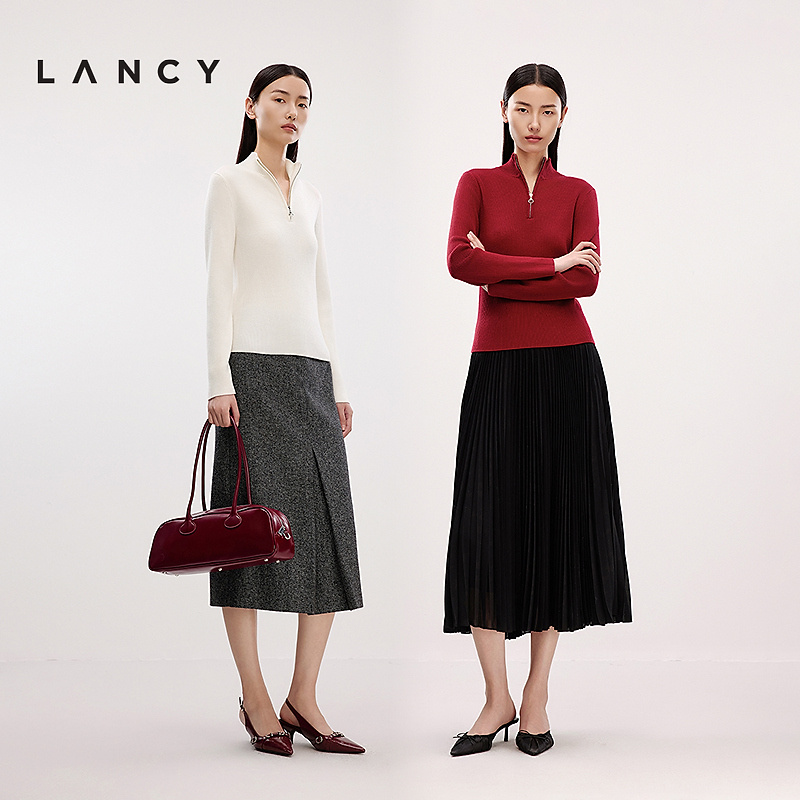 LANCY/朗姿2025春坑条半高领拉链红色针织衫气质百搭打底衫女