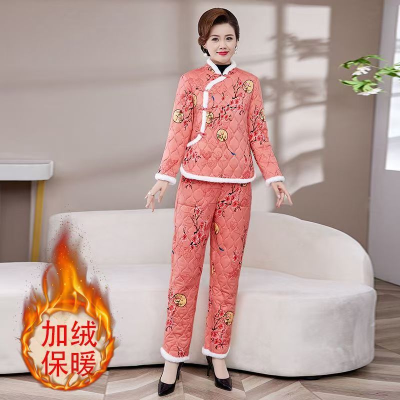 11960-中老年新款大花棉袄民族风棉袄棉裤加绒保暖棉服套装【A仓】