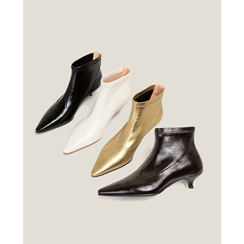 【Shoemaker Queen】真皮细跟复古瘦瘦袜子靴中跟短靴女靴子冬
