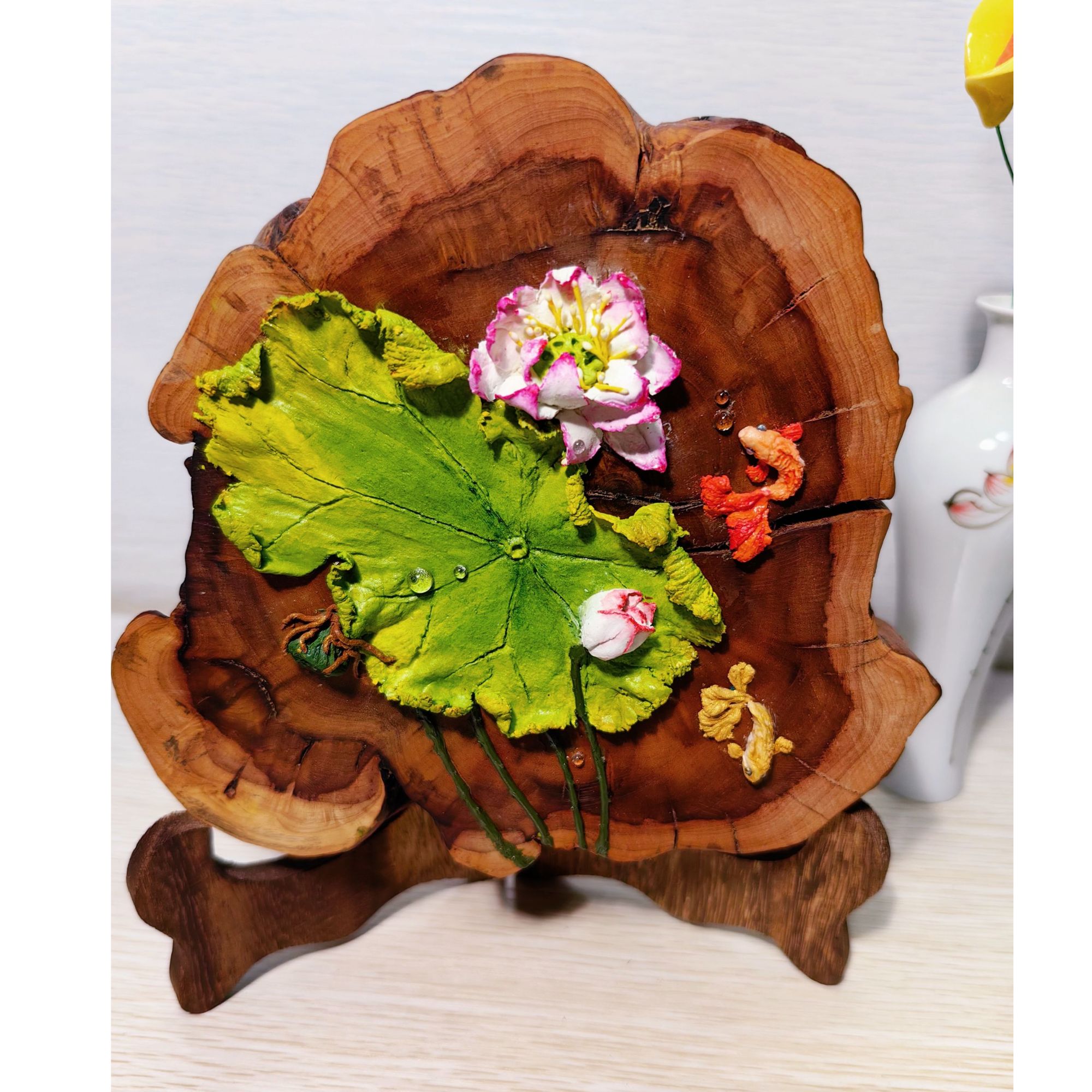 雷劈枣木手工原创荷花摆件