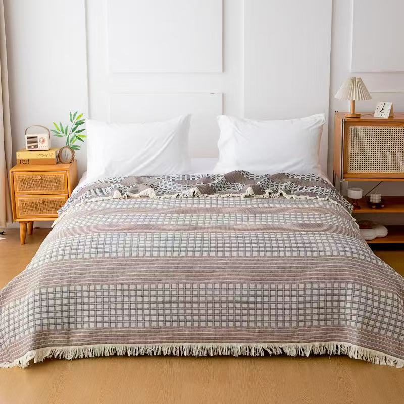 床盖毯【印象格子】2x2.3米 高端轻奢棉麻双人四季可铺可盖夏凉毯