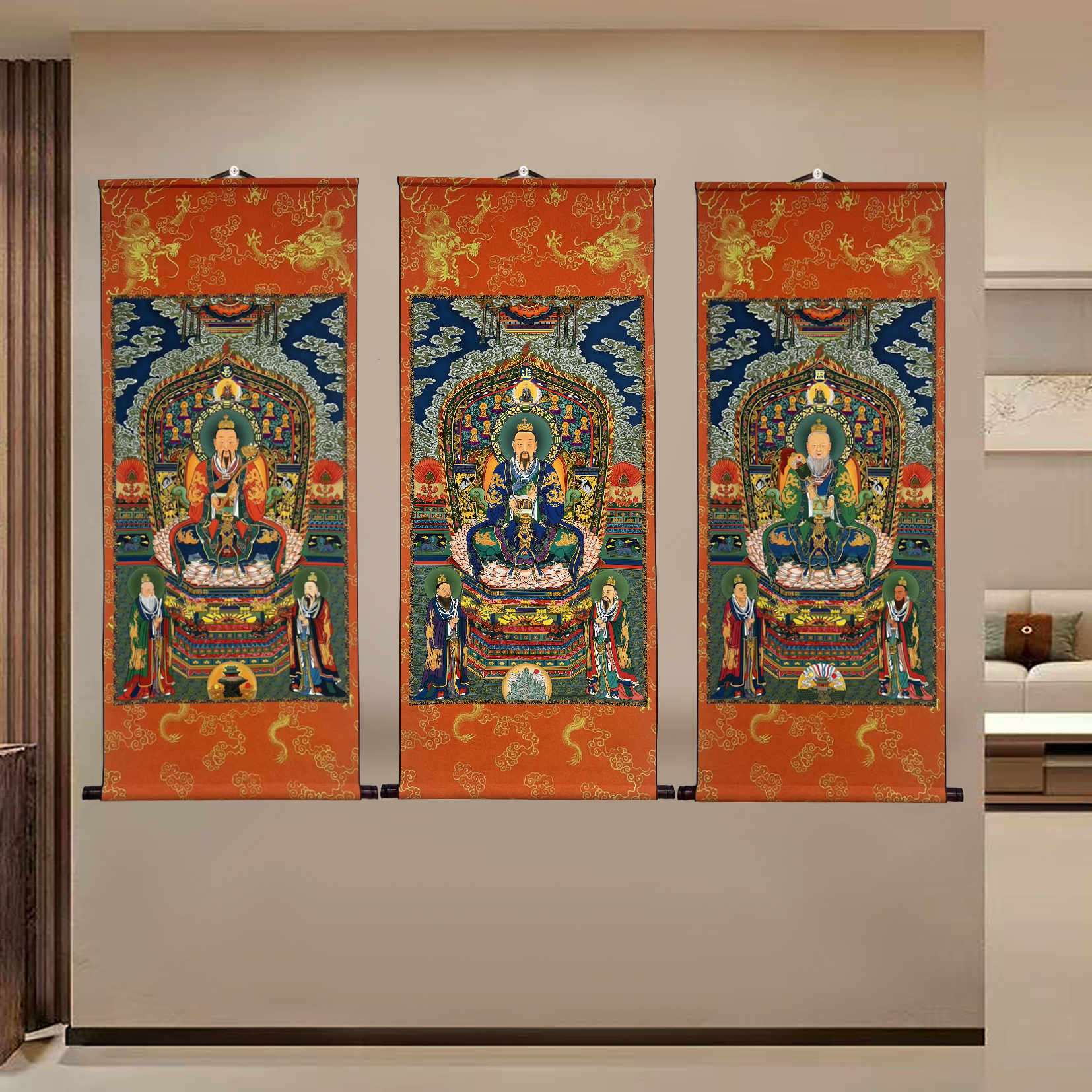 【S23新三清】60X140cm手工绘制韵彩描金岩彩国风卷轴装饰画