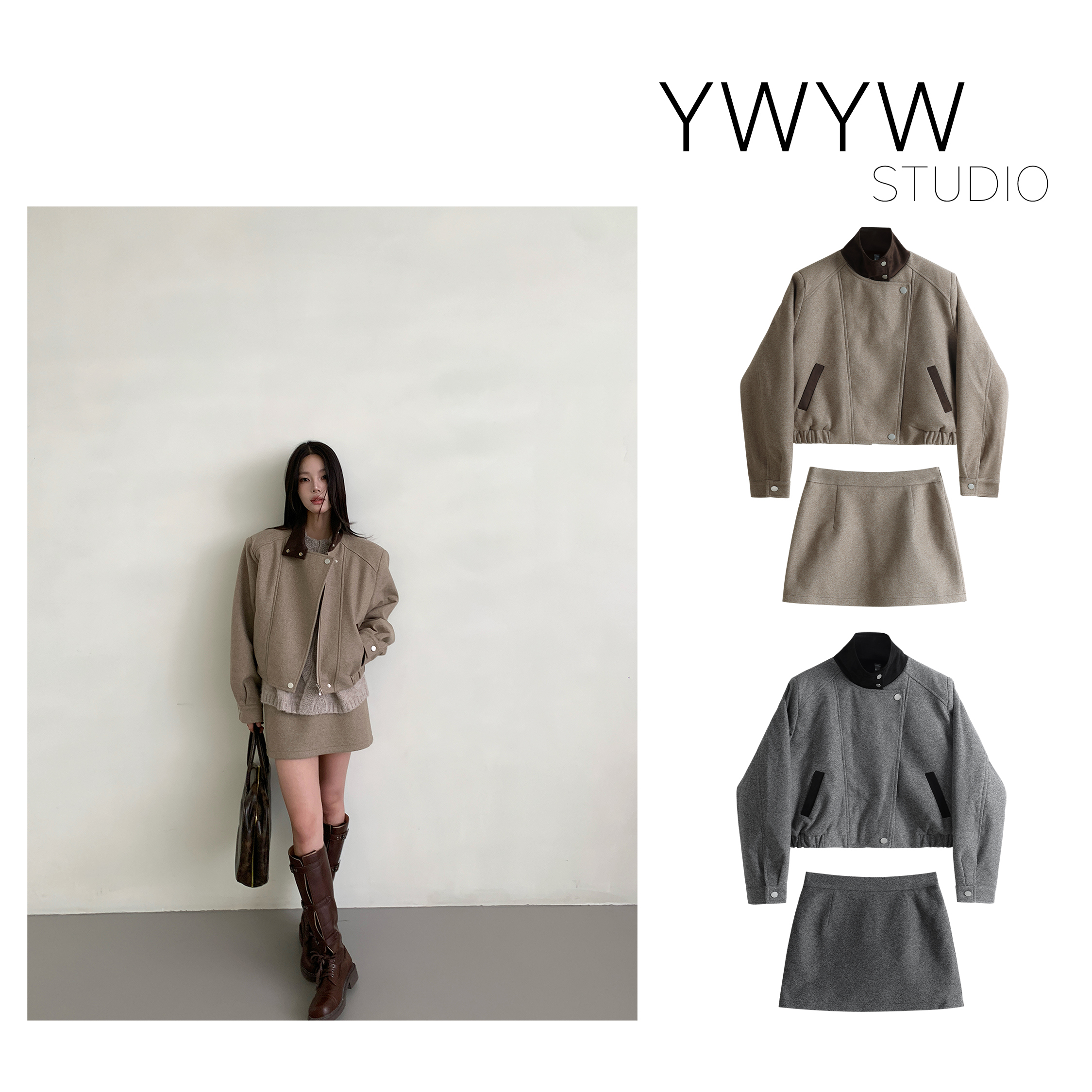 【YWYW25F/W】秋冬夹棉复古收腰短外套+修身高腰短裙套装5831