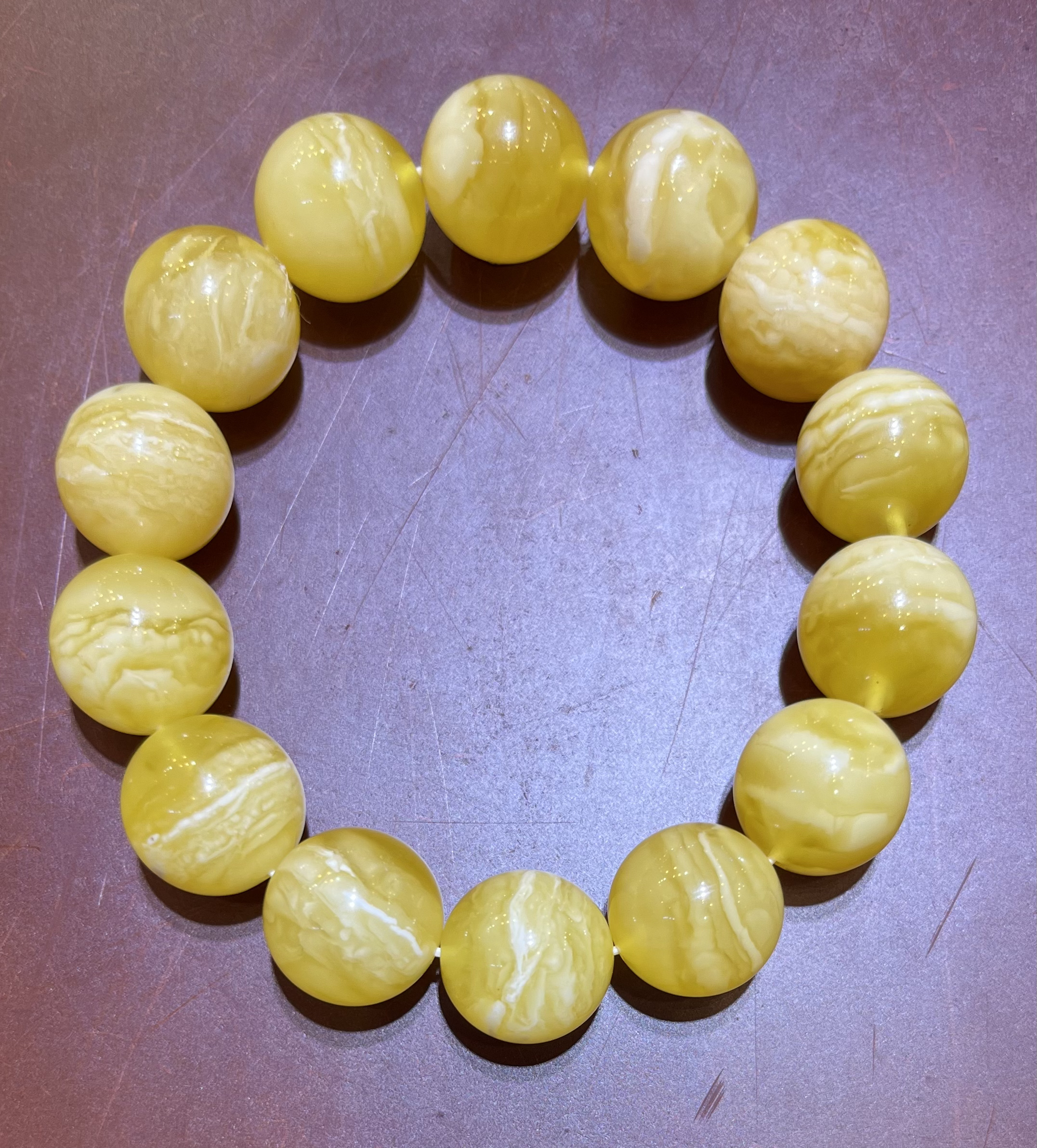 琥珀金白花蜜蜡虎皮纹圆珠手串，15m+，30g，天然原矿保真