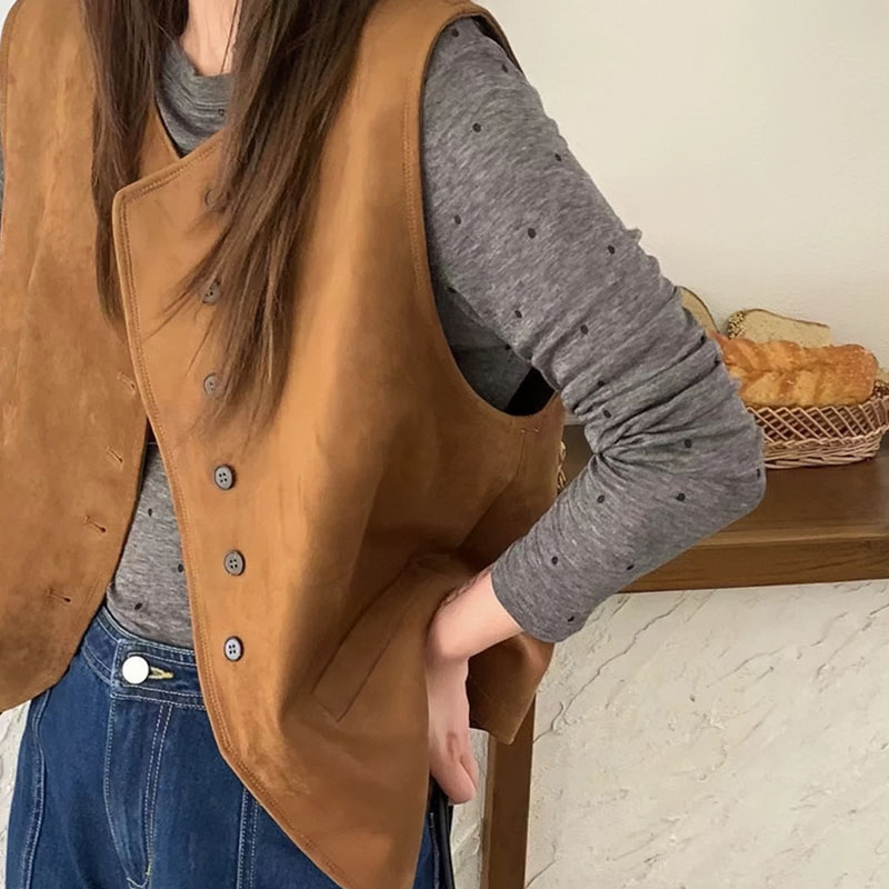 麂皮绒单排扣无袖马甲短外套女2025春秋新款宽松外搭坎肩马夹上衣