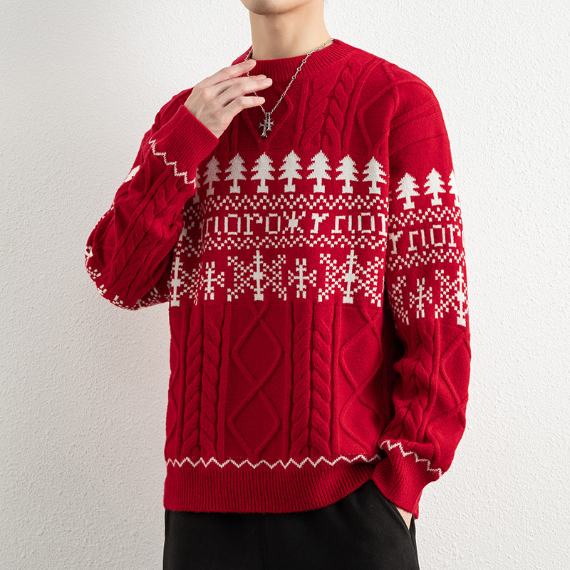 【新款】2025秋冬季时尚印花圆领毛衣套头宽松男士针织衫WE25627