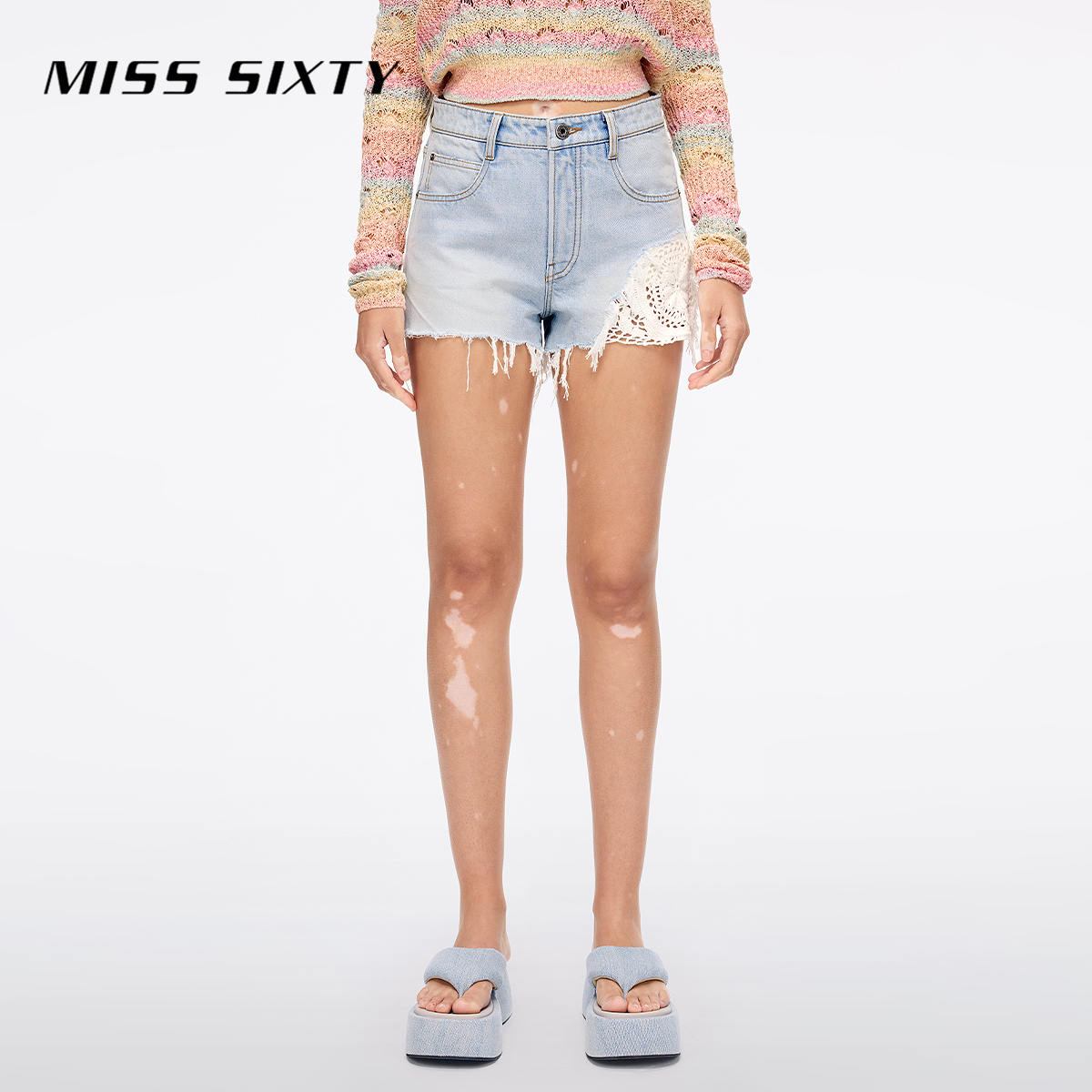 Miss Sixty2025夏季新款牛仔短裤女高腰显瘦破洞钩花波西米亚风