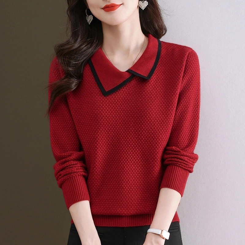 春秋季新款长袖毛衣女宽松短款翻领设计感针织衫洋气减龄