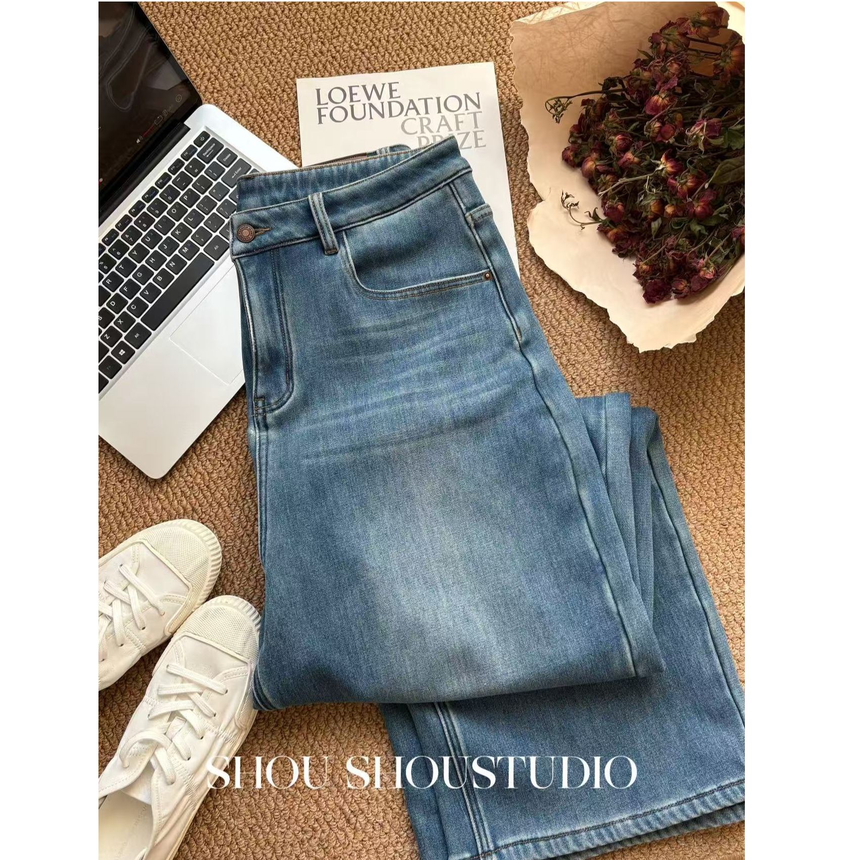 【夏夏】大码高腰无松紧加绒显瘦宽松弹力水洗高个子牛仔裤S02358