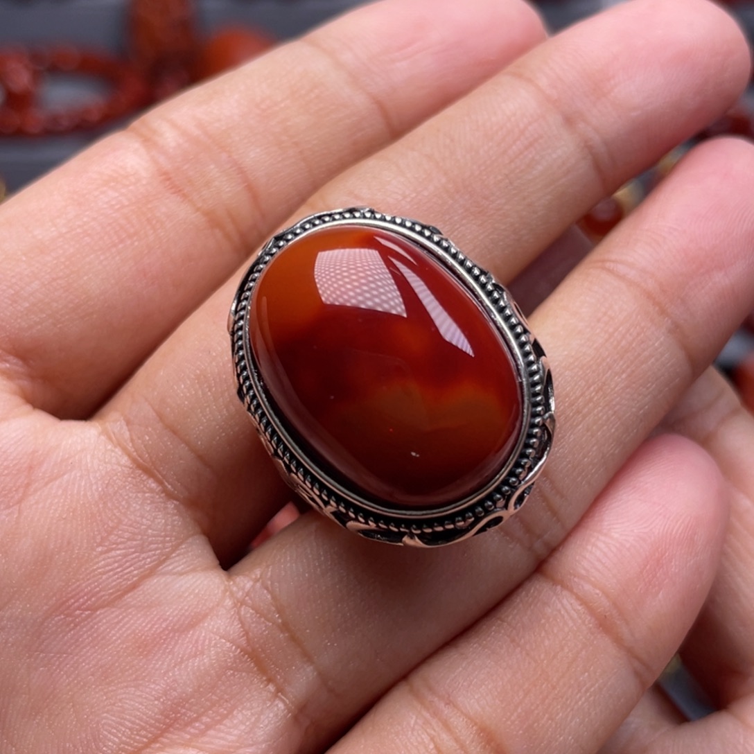 南红玛瑙银S925镶嵌珠宝奇石戒指