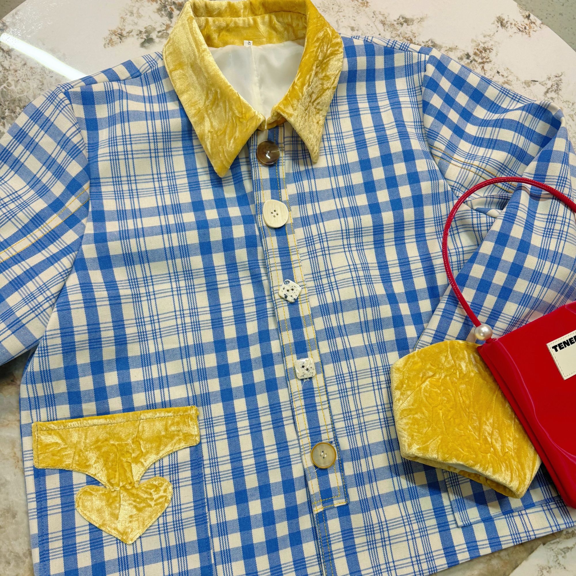 T y a n T y a n 春款民族风蓝格子外套洋气蓝色时尚夏款