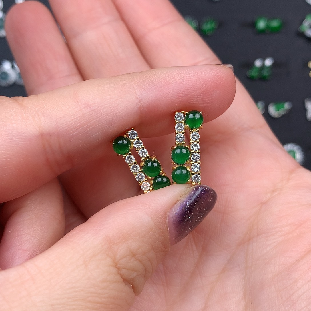 小***斤翡翠银S925镶嵌耳饰