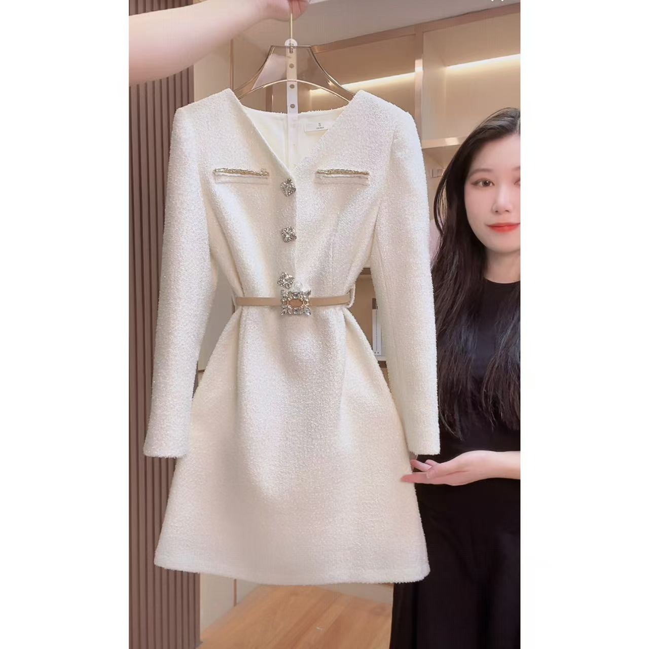 【门店飞】6791囯内设计师品牌女装气质收腰长袖连衣裙