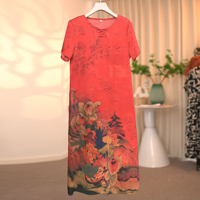 夏季圆领中腰连衣裙时尚中长款显瘦复古旗袍裙裙子印花红色