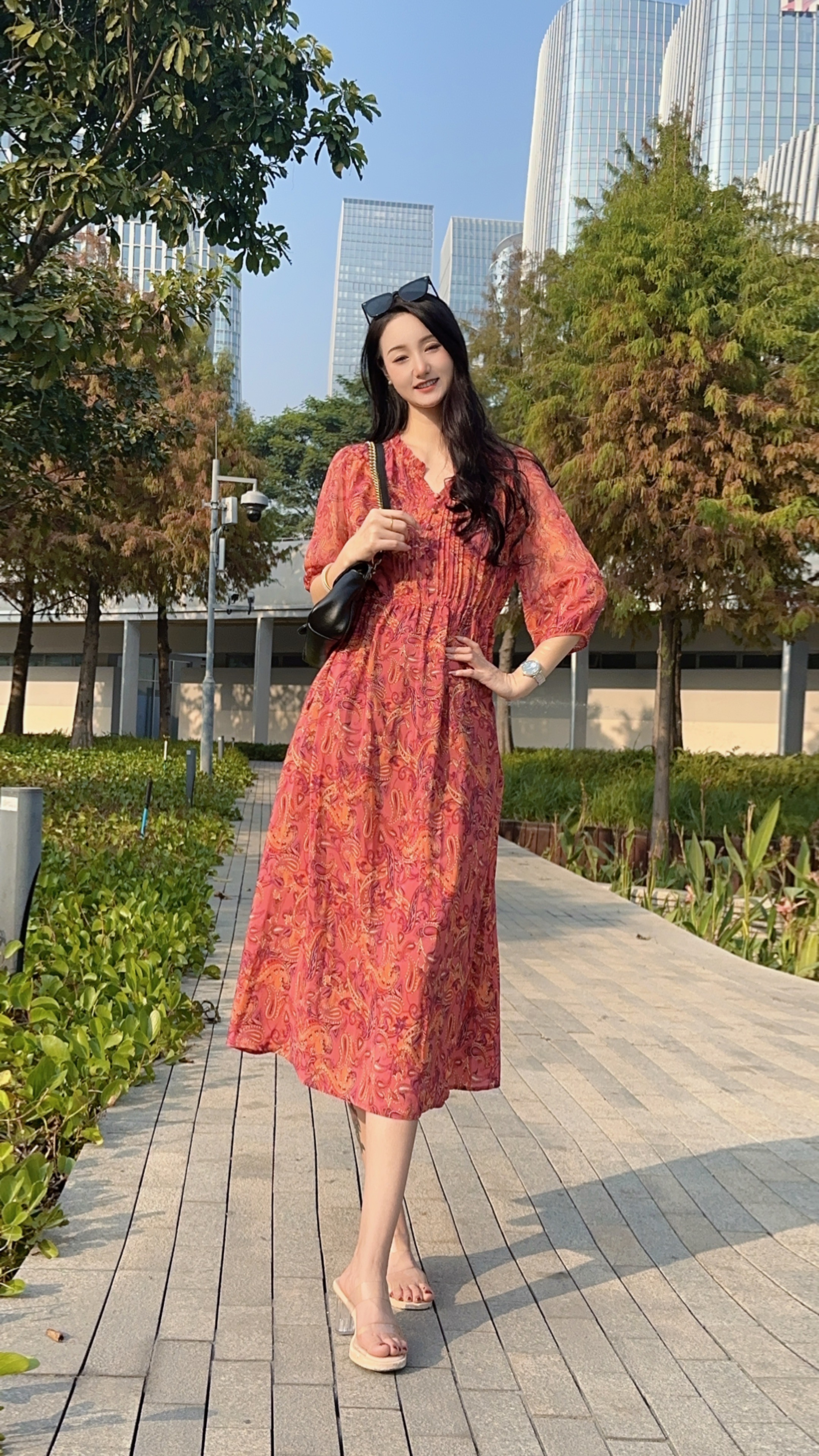 【2548莫奈油画】25年新款印花复古桑蚕丝气质修身连衣裙长120