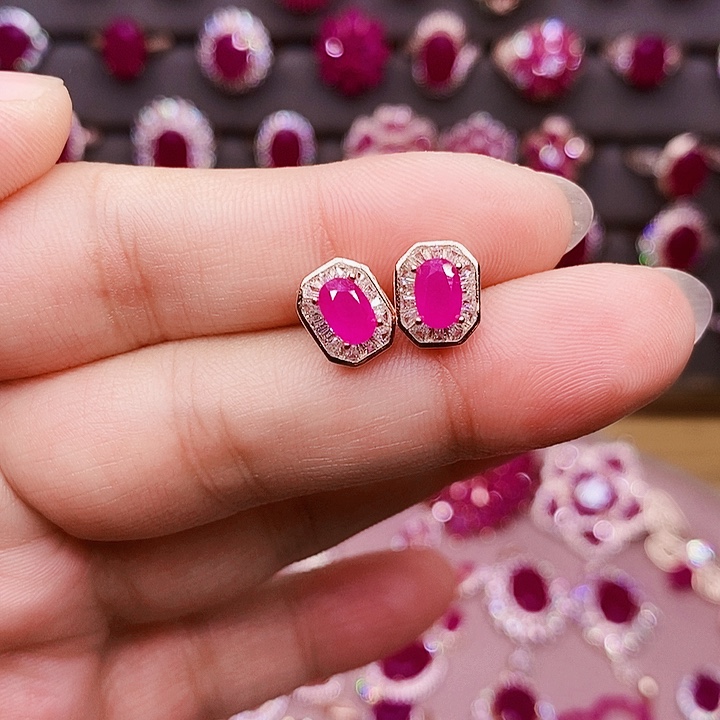 耳饰银S925镶嵌红宝石