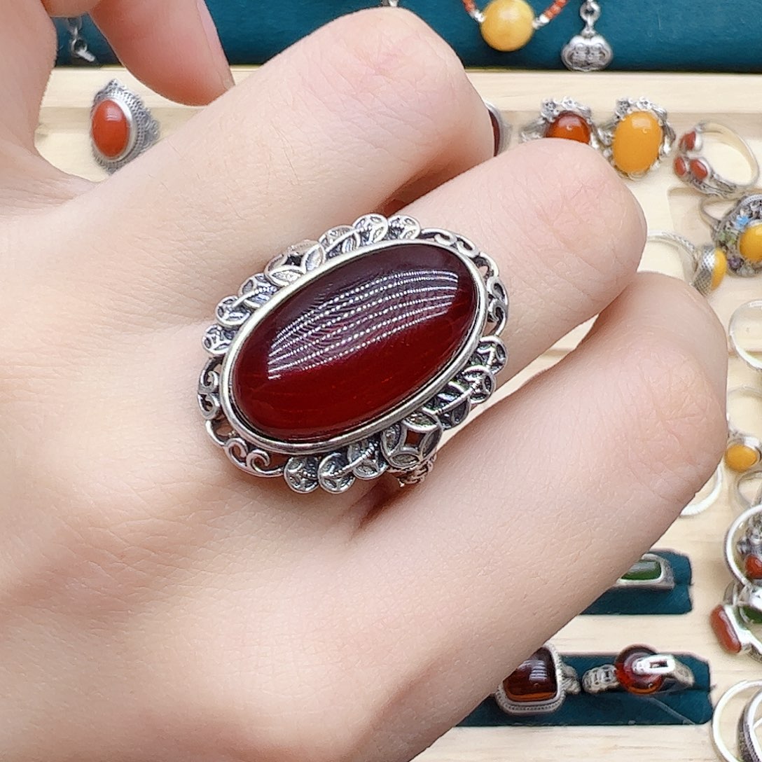 血珀戒指银S925镶嵌天然