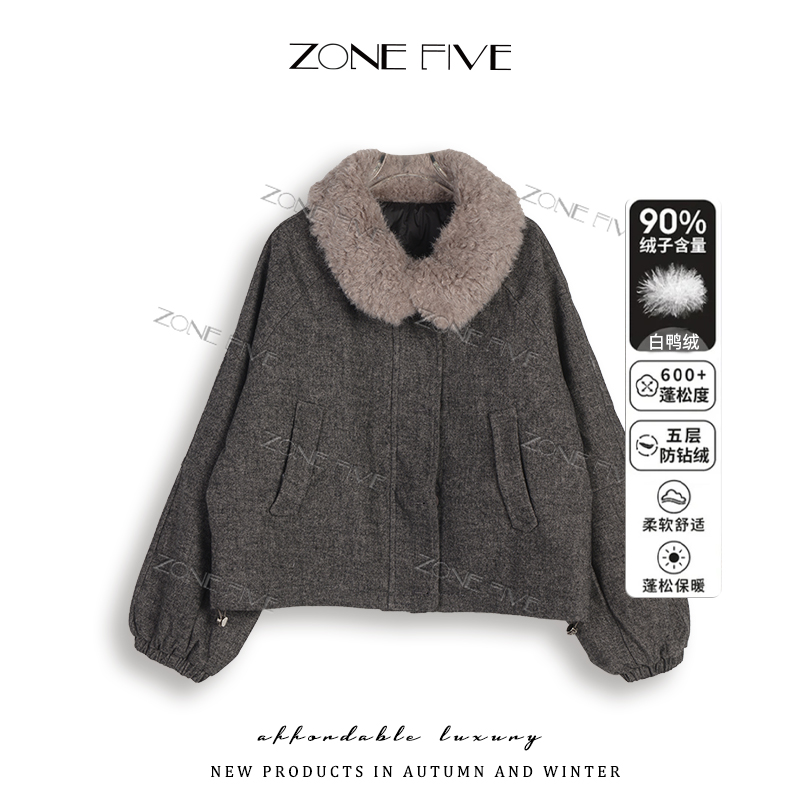 【zonefive】冬季羽绒服拼接毛领时尚百搭休闲外套女