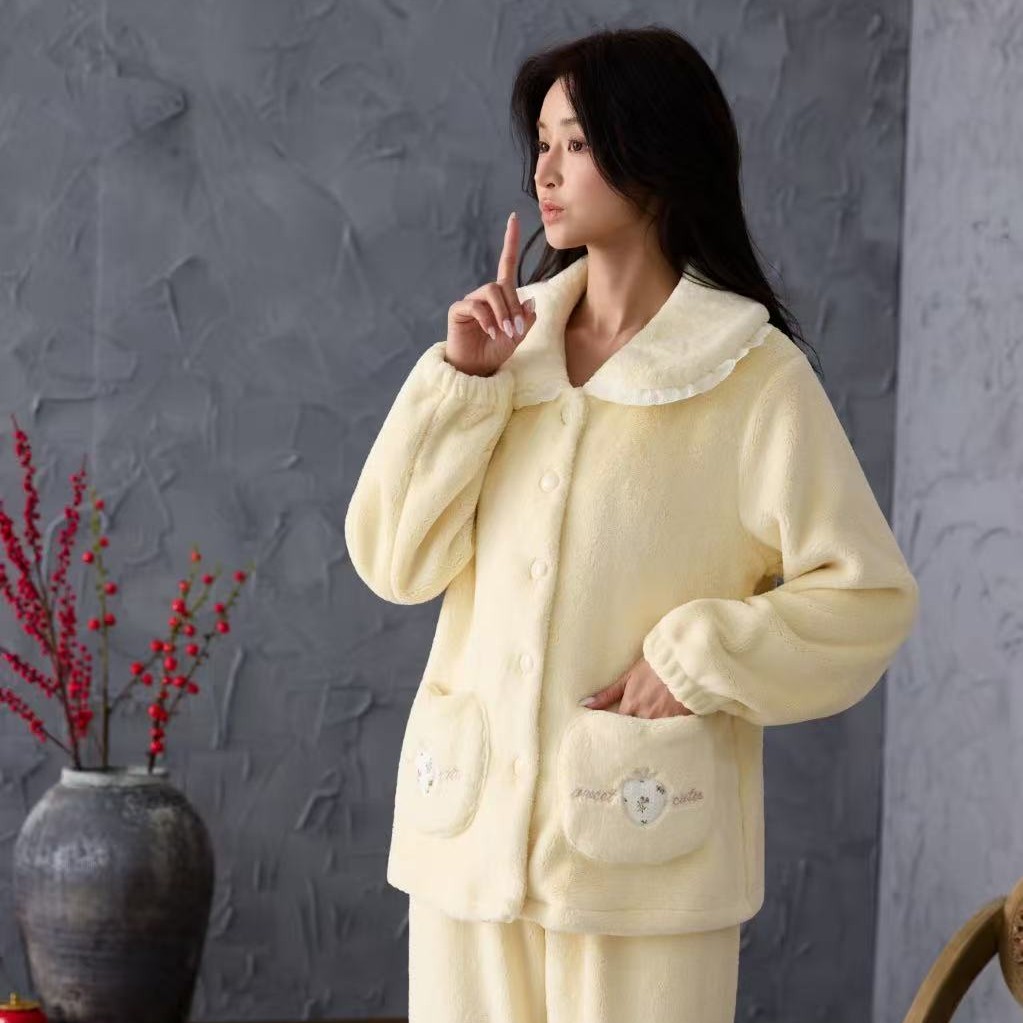 女款冬天雪狐绒保暖睡衣家居服套装