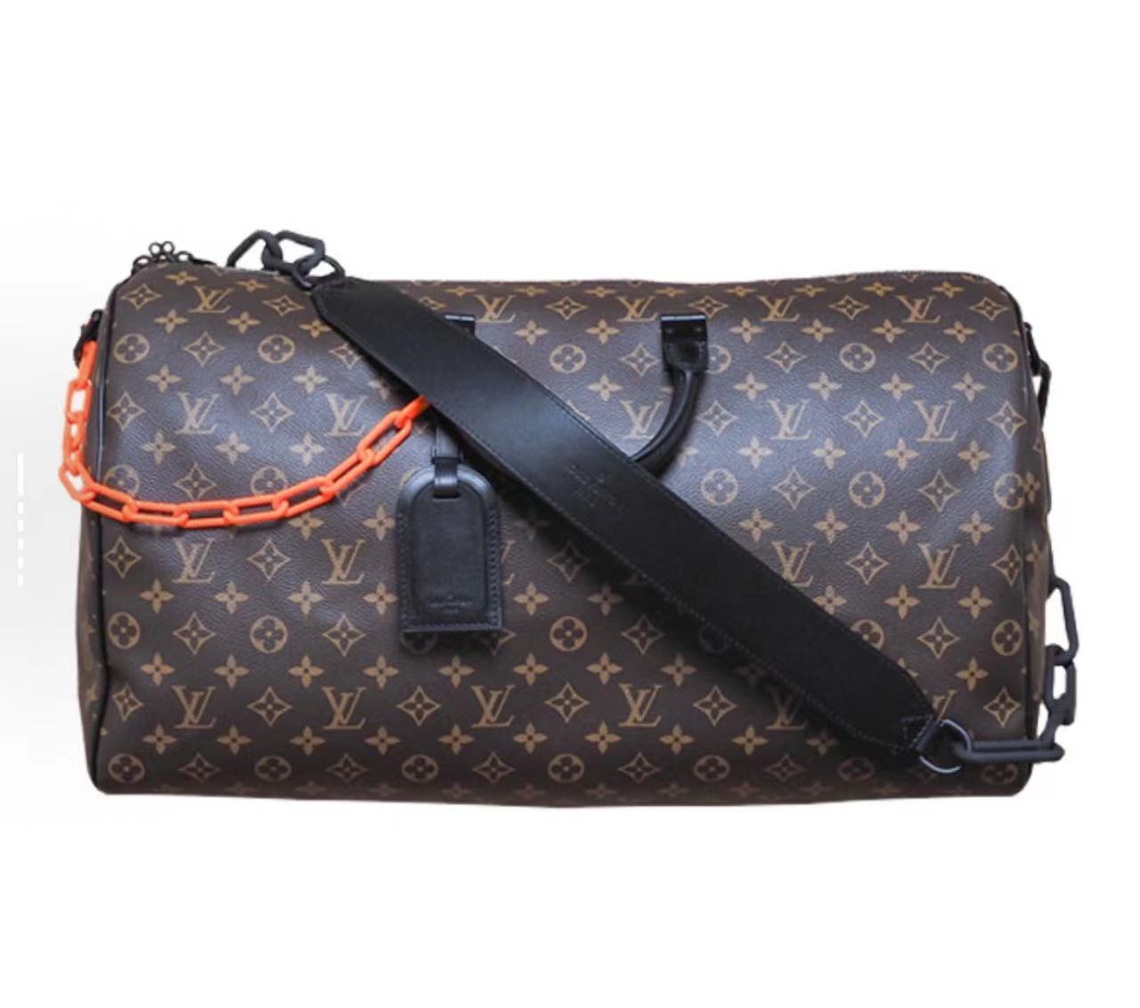 99新 LouisVuitton/路易威登 keepall50限量款棕花拼橙链条旅行袋