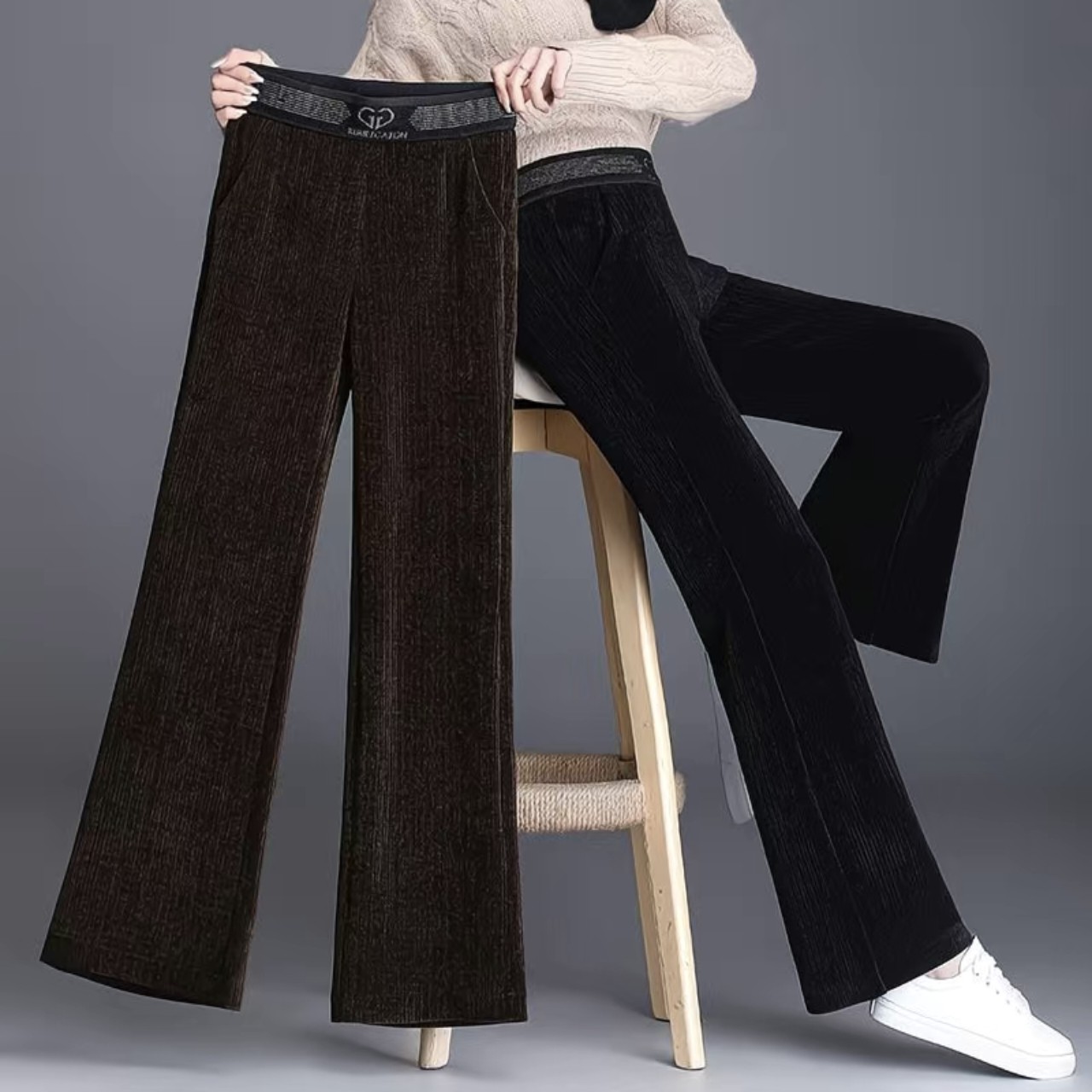 21515秋冬新款加绒高腰阔腿直筒裤时尚百搭宽松垂感休闲裤