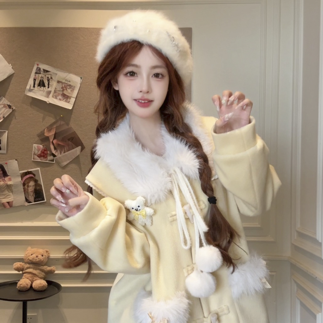桔梗house雪松奶酪【秋季新品】少女感甜美黄色毛呢大衣中长款外套