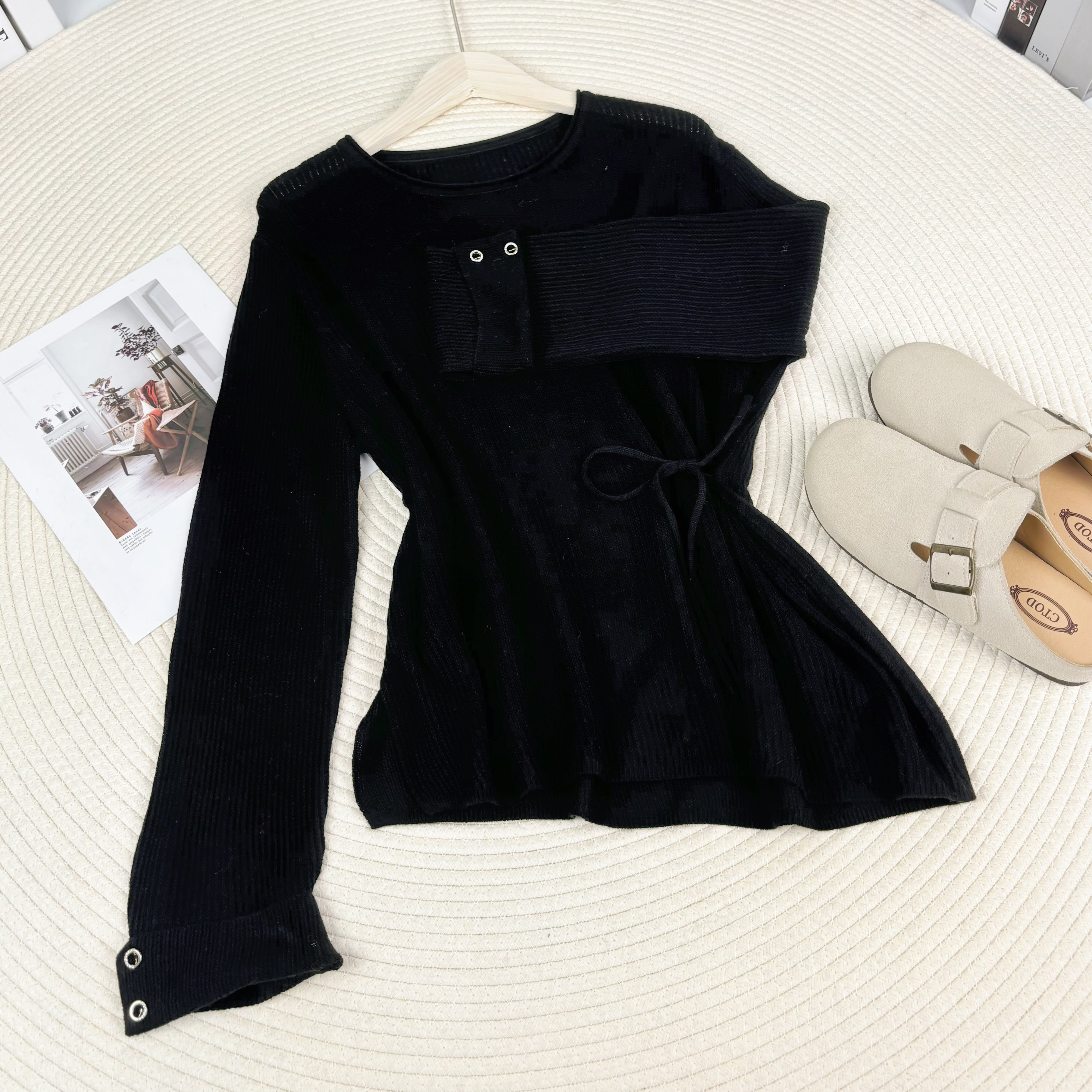 玲姐定制-纯色系绳显瘦开叉设计感薄款微透针织毛衣Q65 230821