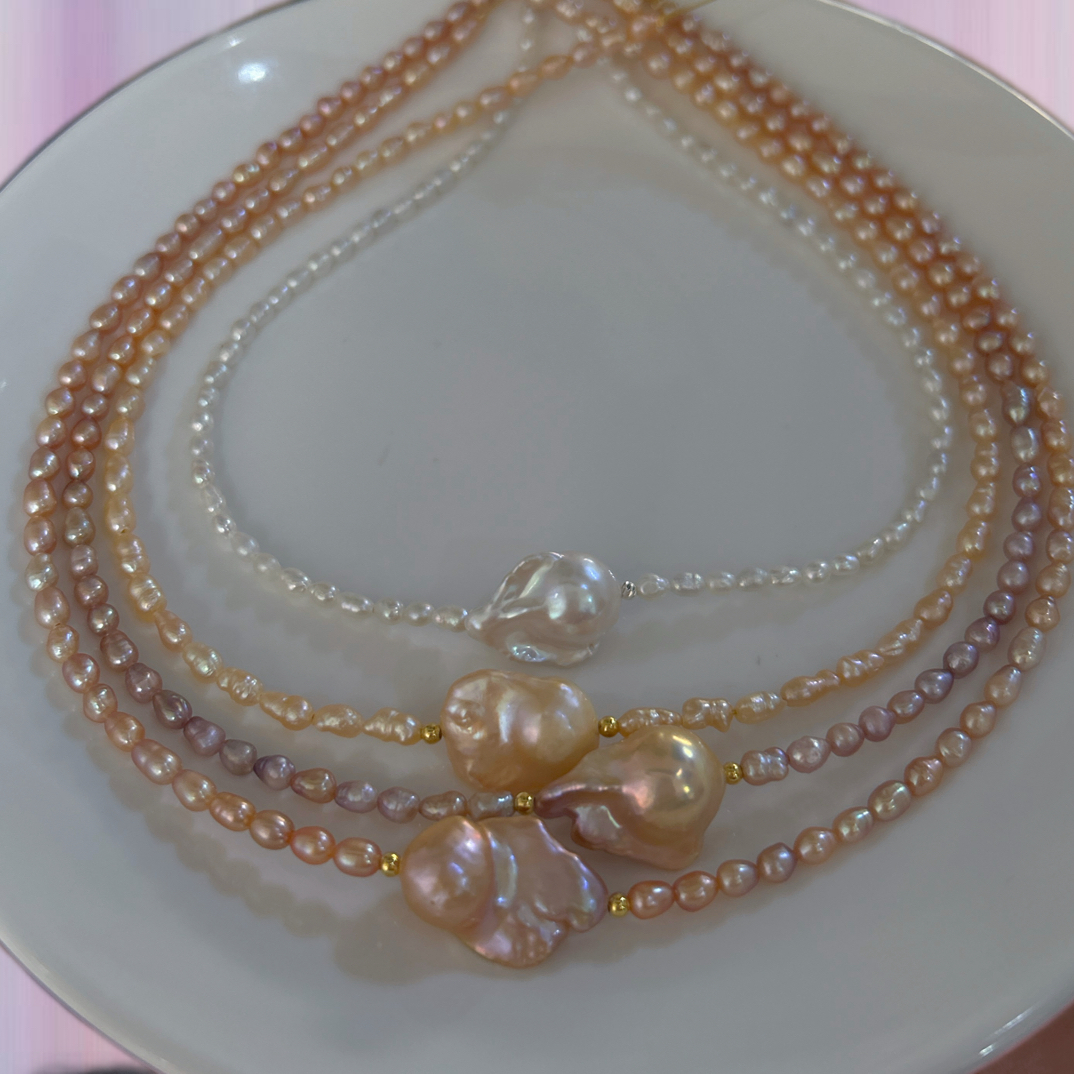天然淡水珍珠炫彩大巴项链【渐变色】【奶油金】【金属色】【银蓝白】银扣