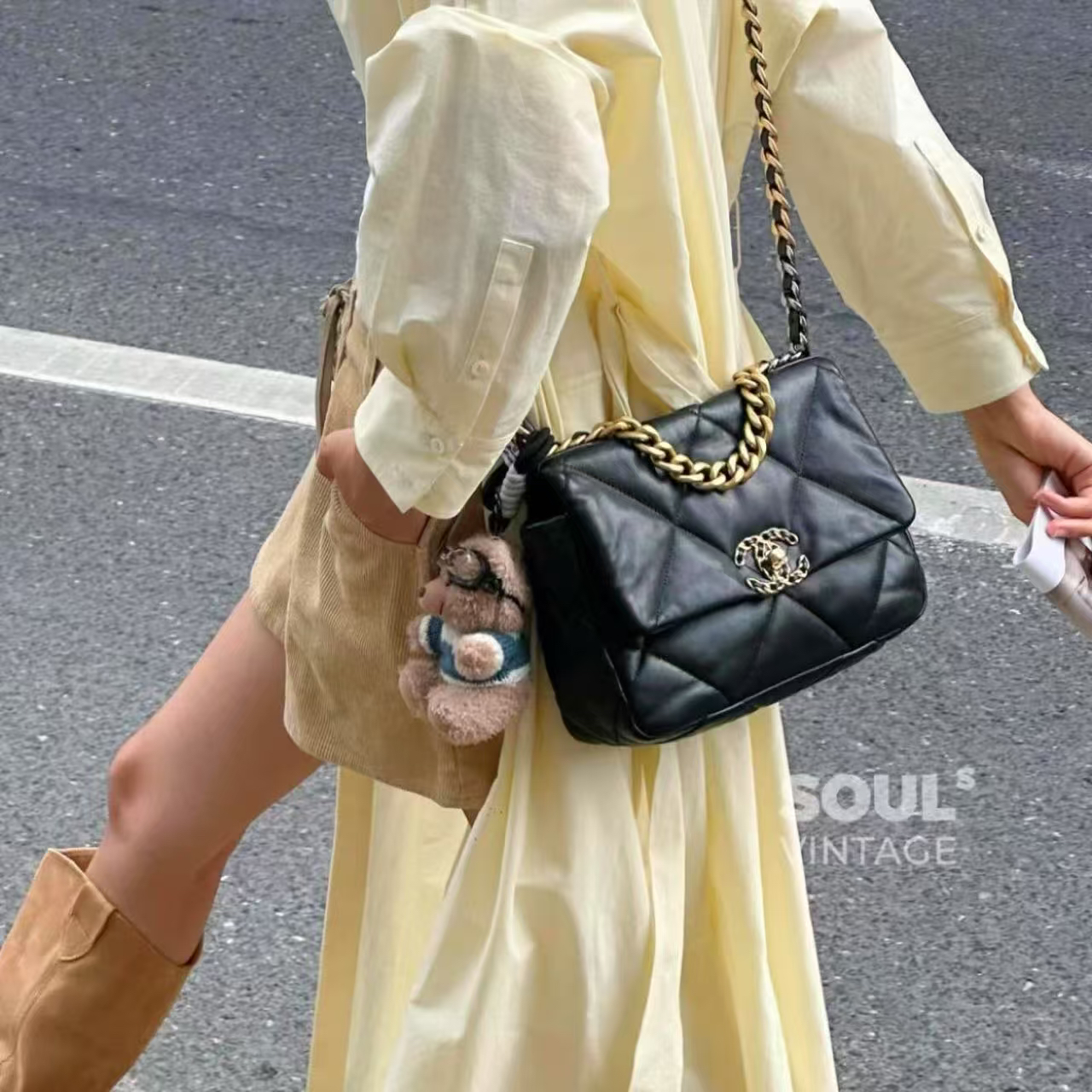 95新 Chanel/香奈儿 黑金 山羊皮 19bag小号单肩包/606235638