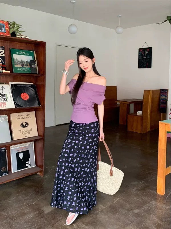 6325紫色一字肩短袖半身裙套装夏季新款设计感修身显瘦上衣